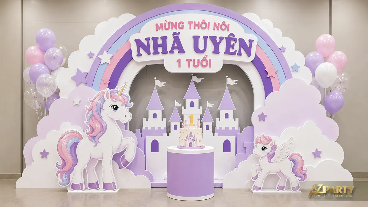 Không gian thôi nôi bé Nhã Uyên với kỳ lân và lâu đài tím pastel