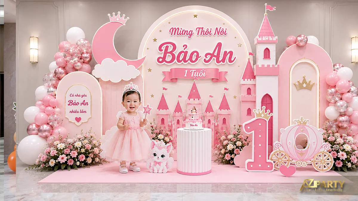 Trang trí thôi nôi bé Bảo An chủ đề công chúa với lâu đài màu hồng