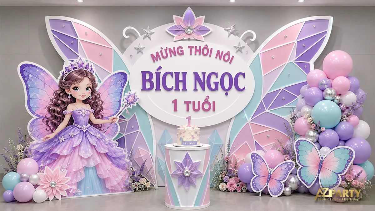 Backdrop thôi nôi bé Bích Ngọc chủ đề nàng tiên tím và cánh bướm