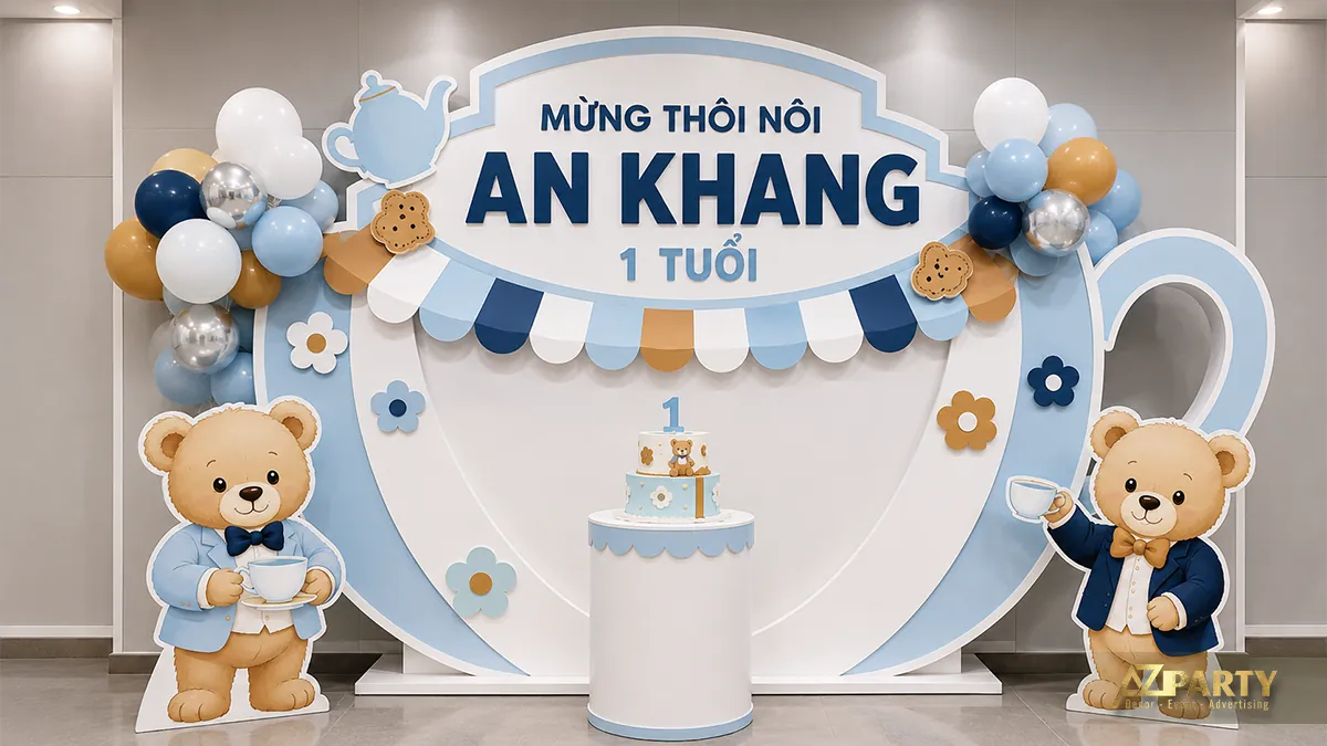 Backdrop thôi nôi bé An Khang với hai chú gấu và gam xanh kem