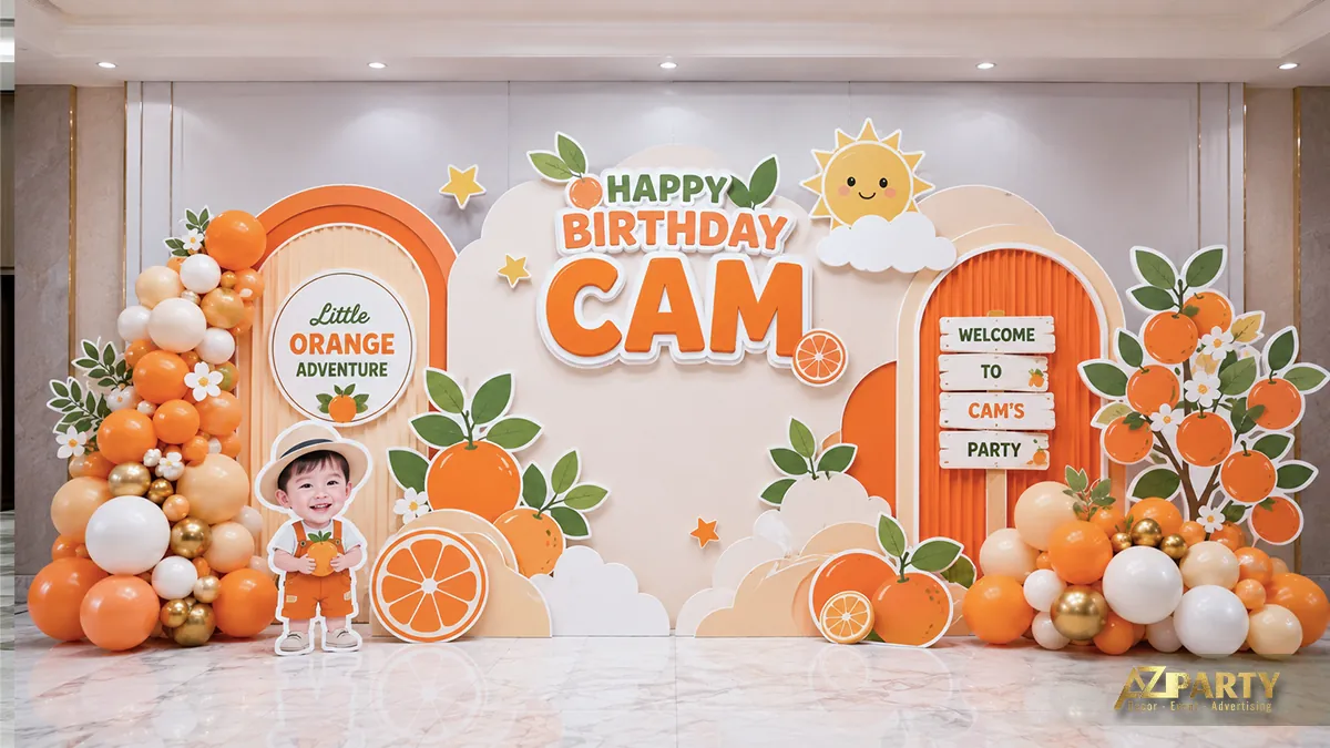Phông sinh nhật bé Cam với khu vườn cam và bóng bay trắng cam xanh