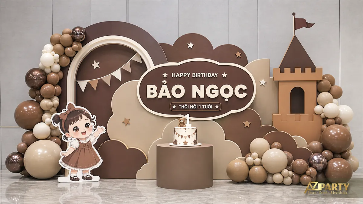 Backdrop bé Bảo Ngọc tông nâu kem với lâu đài và nhân vật cổ tích