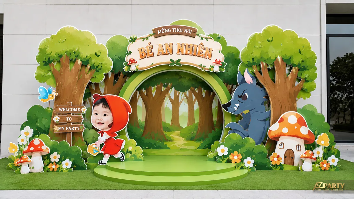 Backdrop thôi nôi bé An Nhiên chủ đề Cô bé quàng khăn đỏ với sói và ngôi nhà nấm