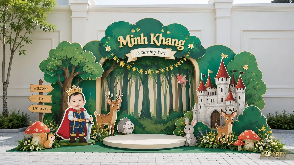 Backdrop thôi nôi Minh Khang trong khu rừng cổ tích với lâu đài, hươu, thỏ và nấm