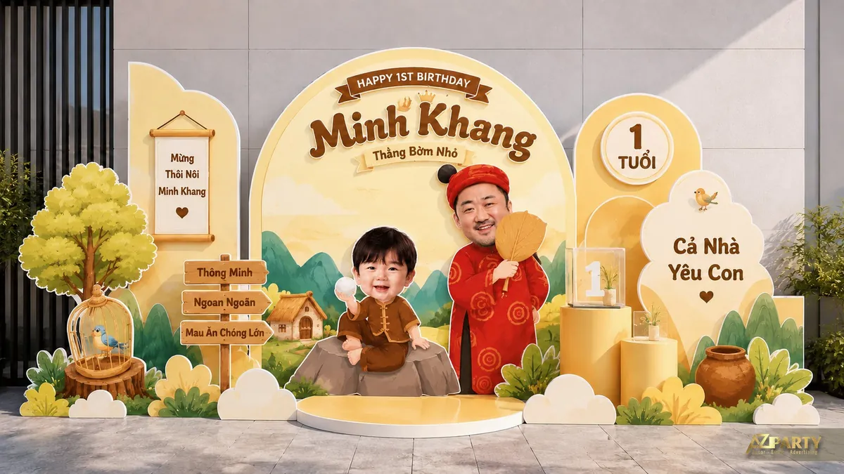 Backdrop thôi nôi Minh Khang lấy cảm hứng truyện Thằng Bờm với làng quê và núi xanh