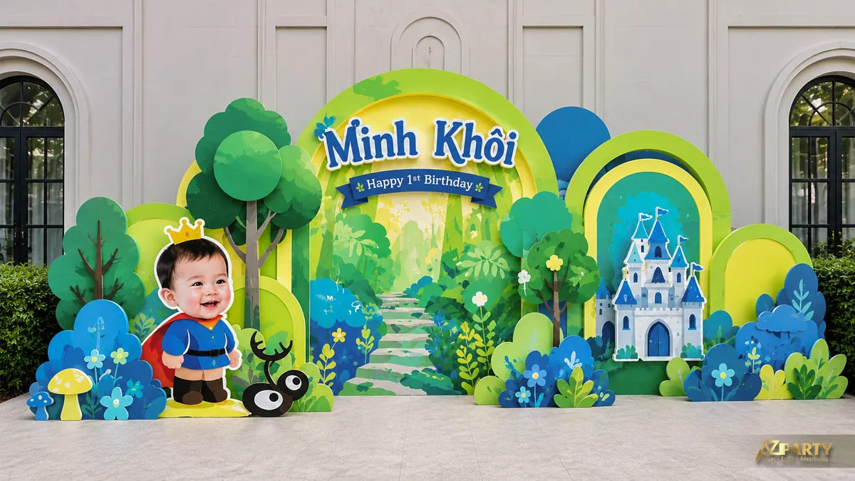 Backdrop thôi nôi Minh Khôi chủ đề hoàng tử rừng xanh với lâu đài, hươu và thỏ