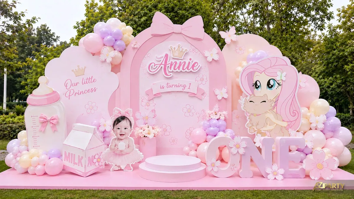 Backdrop thôi nôi Annie chủ đề Little Pony công chúa với bình sữa, hoa và bóng pastel