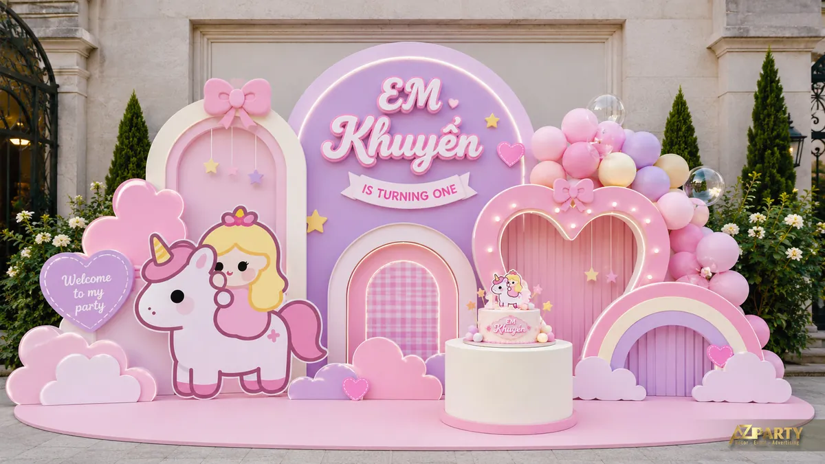 Backdrop thôi nôi Em Khuyên chủ đề Little Pony hồng tím với ngựa, công chúa và trái tim