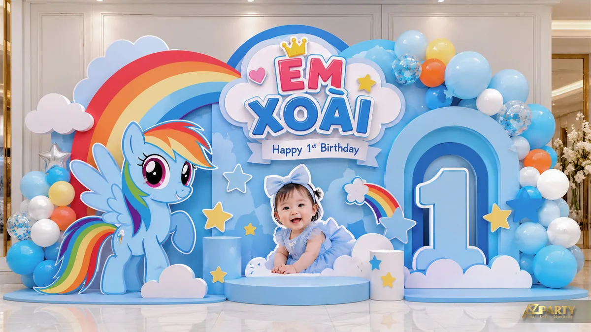 Backdrop thôi nôi Em Xoài chủ đề Little Pony xanh dương với cầu vồng, mây và bóng bay