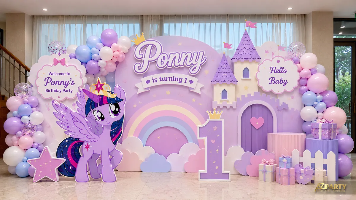 Backdrop thôi nôi Ponny chủ đề Little Pony tím pastel với lâu đài, cầu vồng và hộp quà