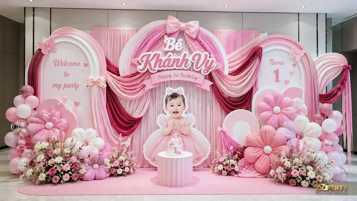 Backdrop thôi nôi màu hồng với rèm lụa, hoa hai bên và ảnh bé ở giữa