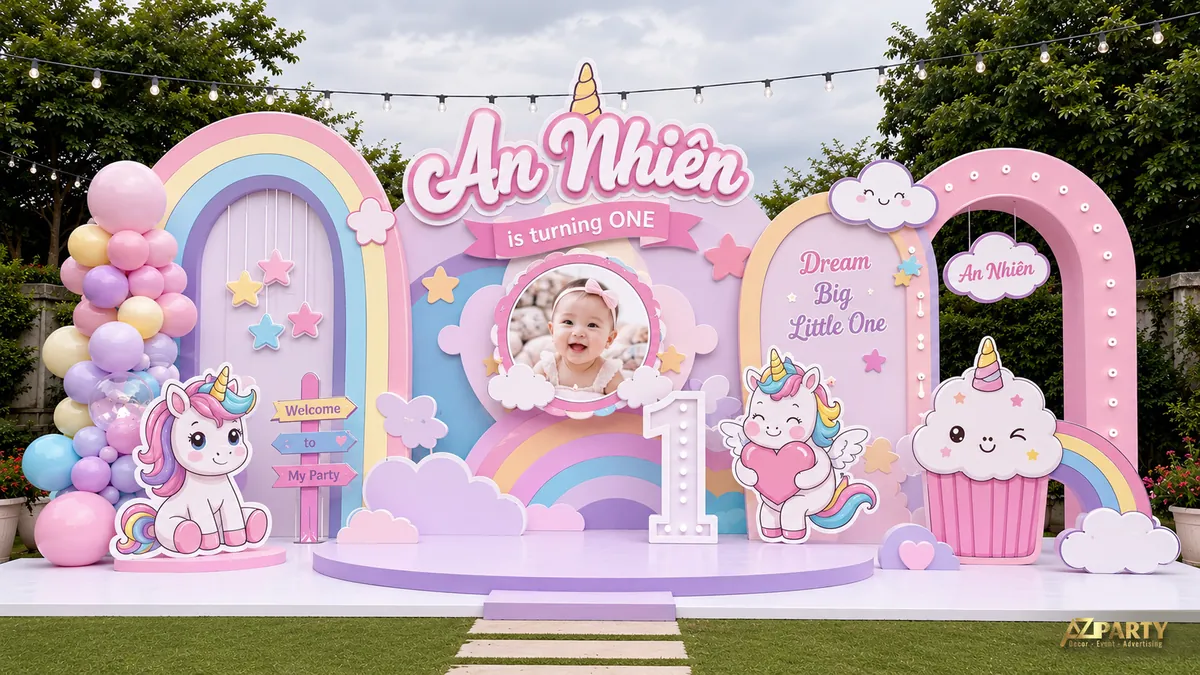 Backdrop thôi nôi An Nhiên chủ đề unicorn pastel với cầu vồng, mây và ảnh bé