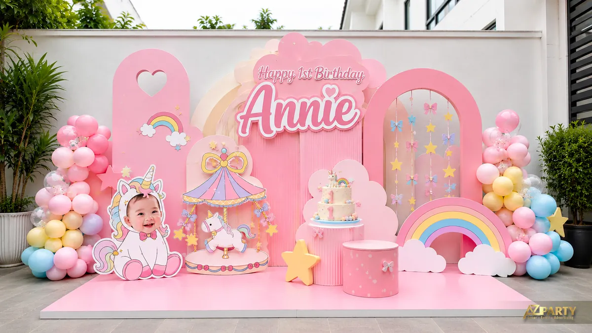 Backdrop thôi nôi Annie chủ đề unicorn với vòng quay ngựa gỗ, cầu vồng và bóng pastel
