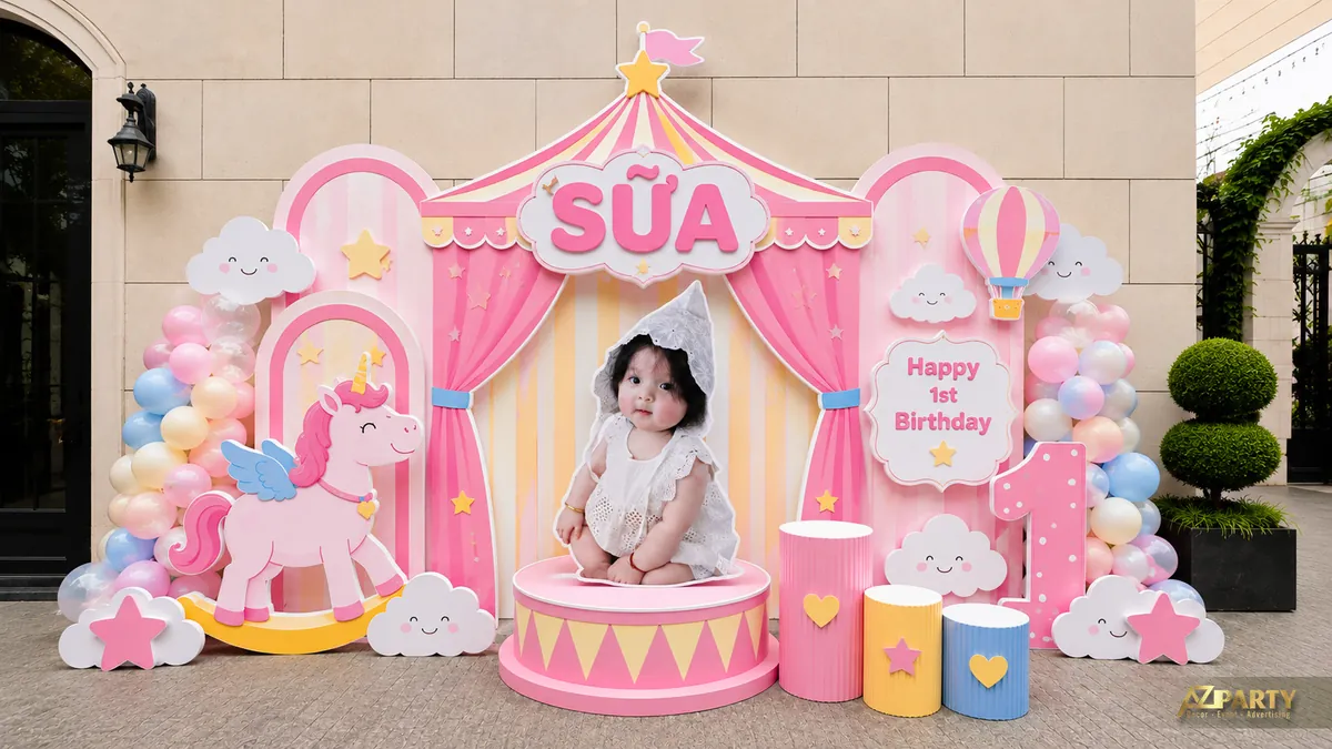 Backdrop thôi nôi bé Sữa chủ đề unicorn rạp xiếc với mây, khinh khí cầu và số 1