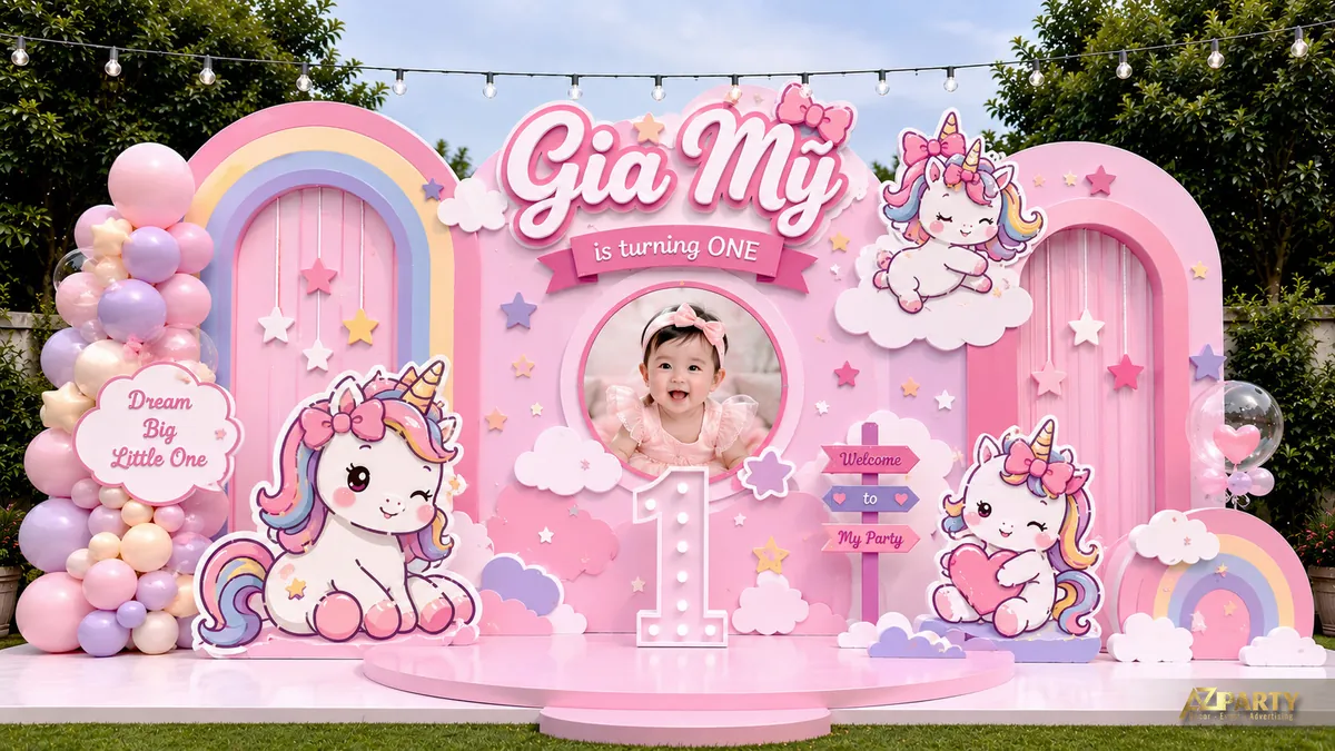 Backdrop thôi nôi Gia Mỹ màu hồng chủ đề unicorn với mây, sao và số 1