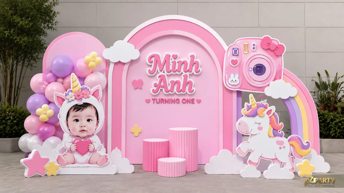 Backdrop thôi nôi Minh Anh chủ đề unicorn hồng với máy ảnh, cầu vồng và ảnh bé
