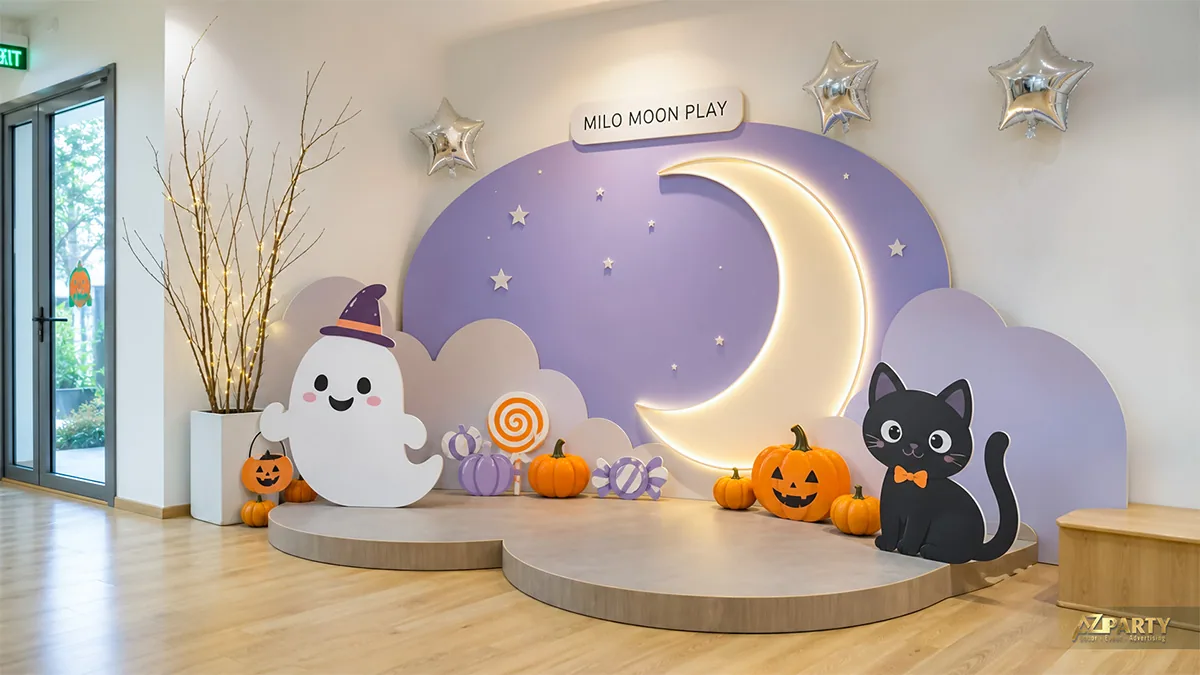 Backdrop trăng khuyết Halloween cho khu vui chơi với ma trắng, mèo đen và bí ngô