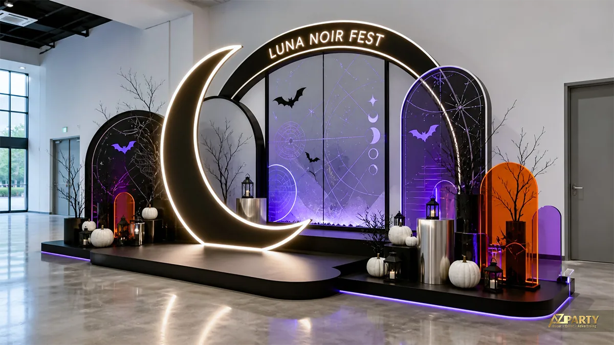 Backdrop trăng khuyết Halloween với các tấm acrylic tím cam, đèn lồng và bí ngô trắng