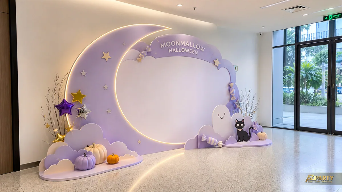 Backdrop trăng khuyết màu tím với ma nhỏ, mèo đen, kẹo và bí ngô pastel