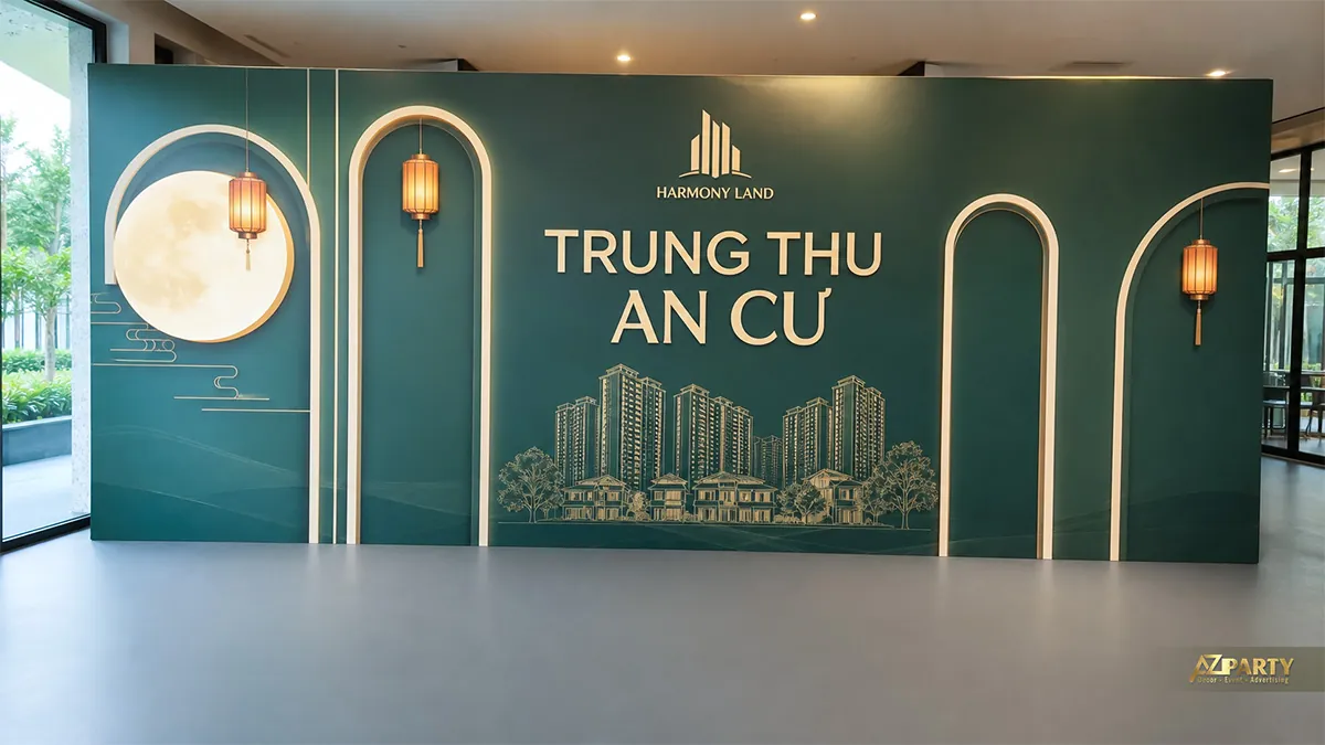 Backdrop Trung Thu bất động sản màu xanh lá với các lớp vòm và khu nhà