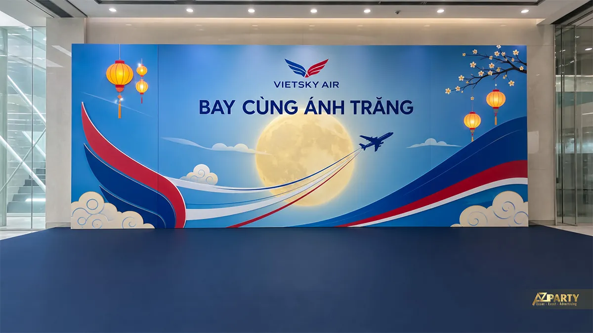 Backdrop Trung Thu hàng không với máy bay, mây trời và vầng trăng xanh đỏ