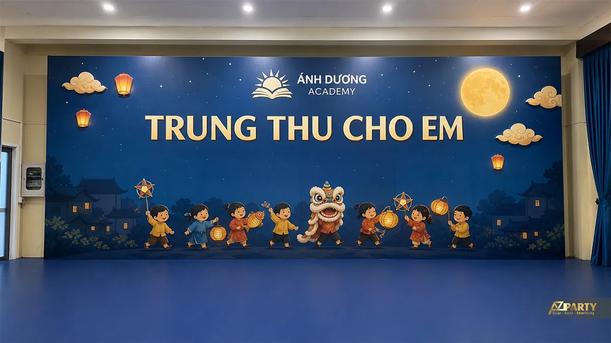 Backdrop Trung Thu trường học màu xanh navy với các bé rước đèn và múa lân