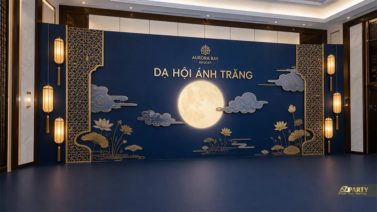Backdrop đêm hội trăng rằm màu xanh navy và vàng với hoa sen, đèn lồng