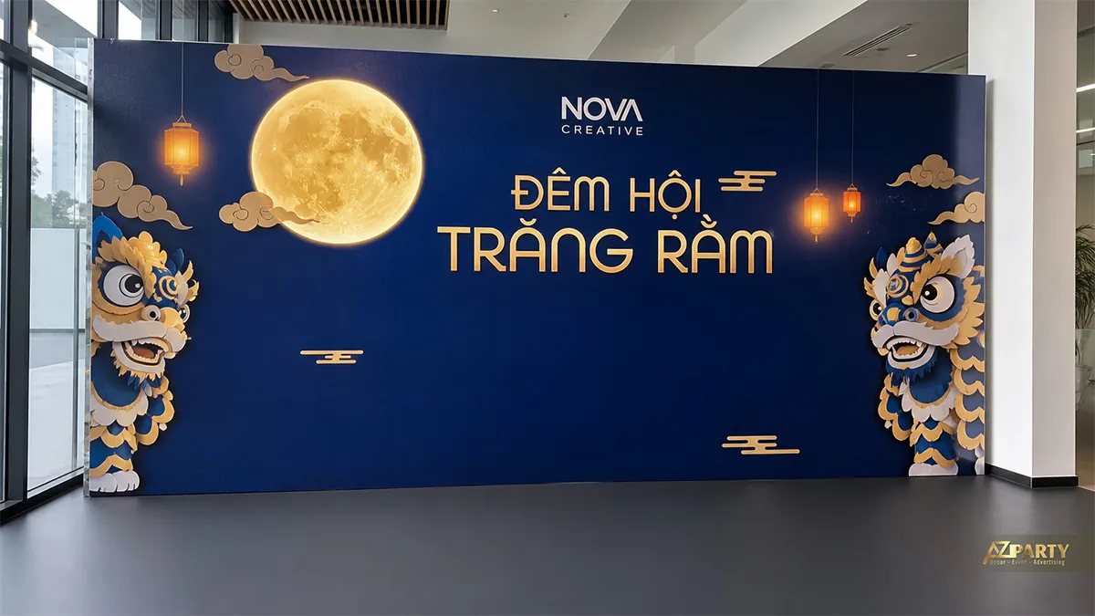 Backdrop đêm hội trăng rằm màu xanh navy với hai đầu lân và ánh trăng