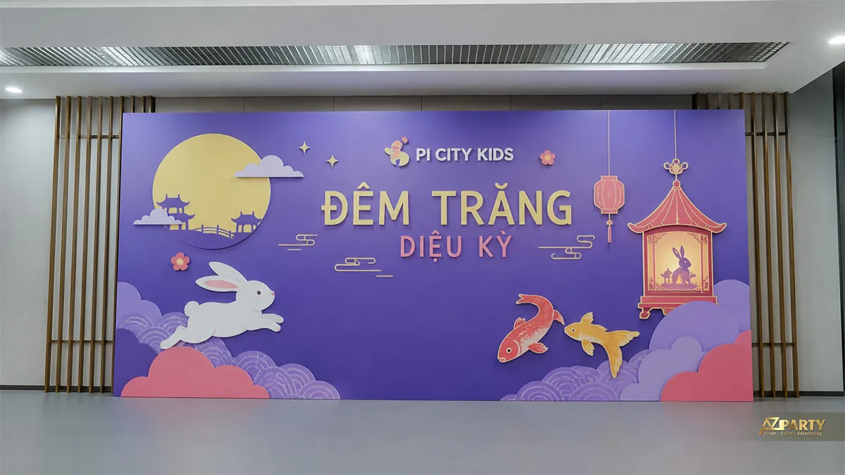 Backdrop Trung Thu thiếu nhi màu tím với các bé, thỏ ngọc và cá chép