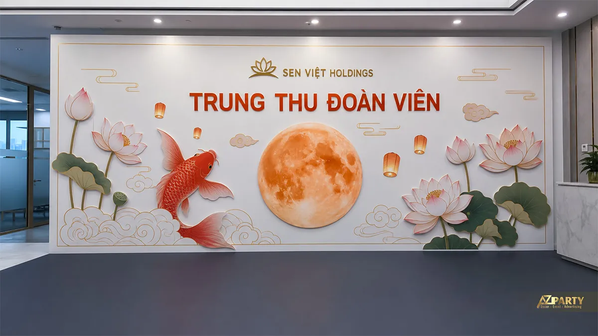 Backdrop Trung Thu màu trắng cam với cá chép, hoa sen và vầng trăng