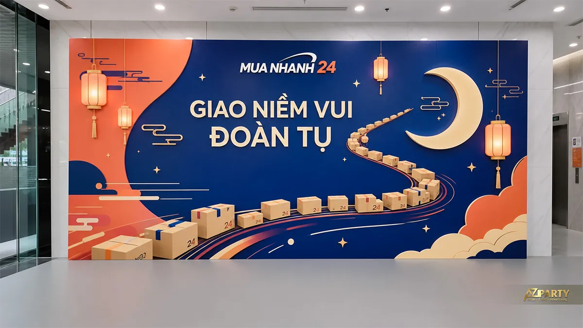 Backdrop Trung Thu ngành giao nhận với hộp quà, trăng khuyết và dải màu cam xanh