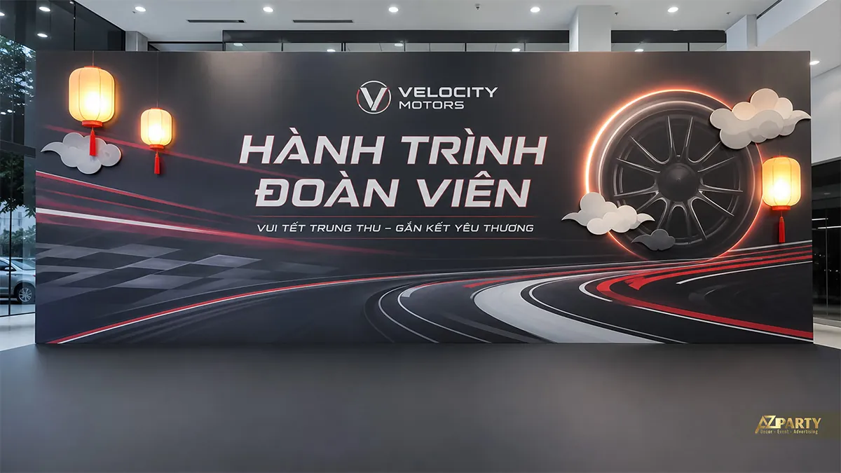 Backdrop Trung Thu chủ đề ô tô màu đen đỏ với bánh xe và đường đua ánh sáng