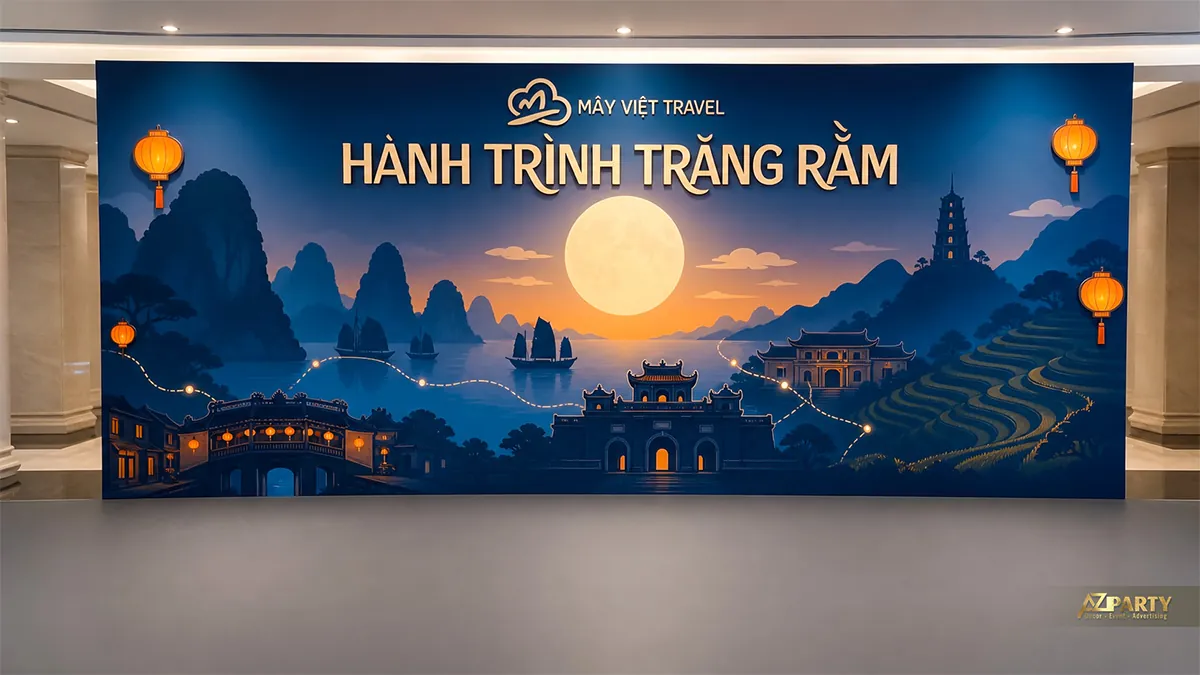 Backdrop Trung Thu du lịch với danh thắng Việt Nam, mây trời và ánh trăng xanh