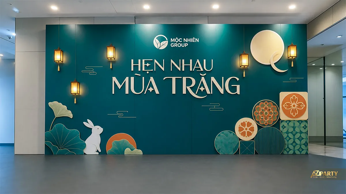 Backdrop Trung Thu xanh ngọc với thỏ ngọc, hoa sen và bánh Trung Thu