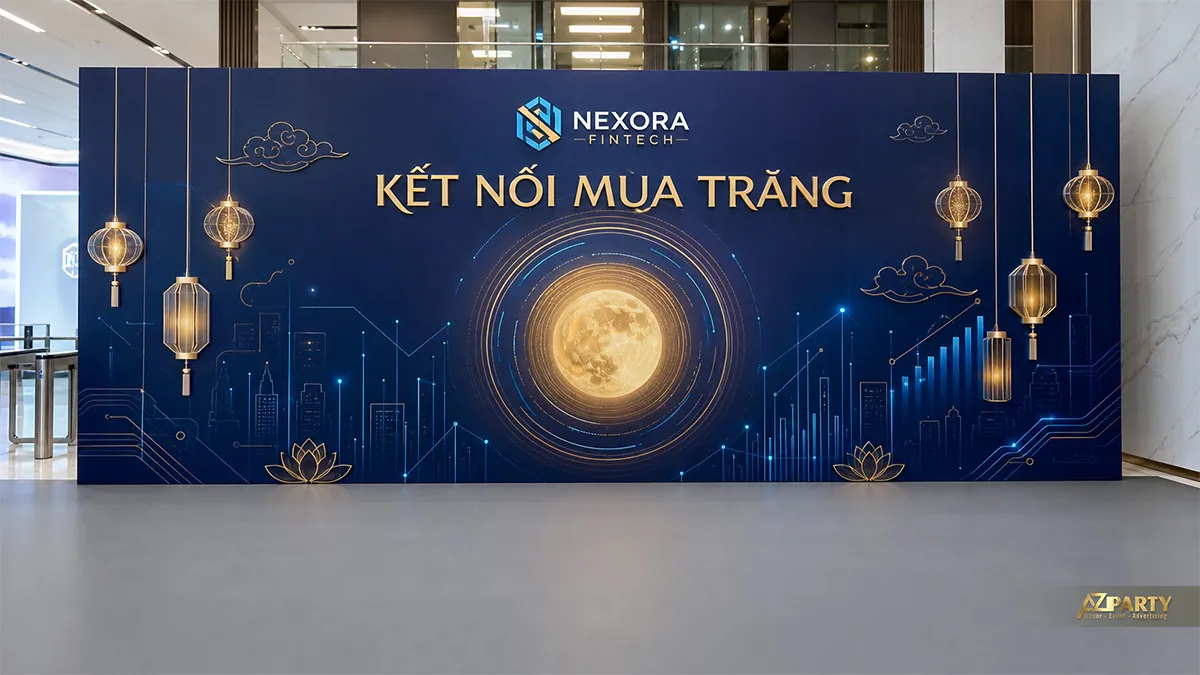 Backdrop Trung Thu tài chính công nghệ với biểu đồ, thành phố và vầng trăng xanh