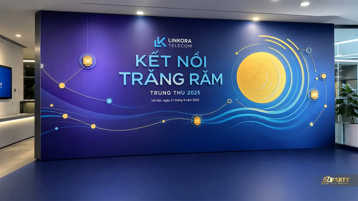 Backdrop Trung Thu công nghệ màu xanh tím với quỹ đạo kết nối quanh vầng trăng