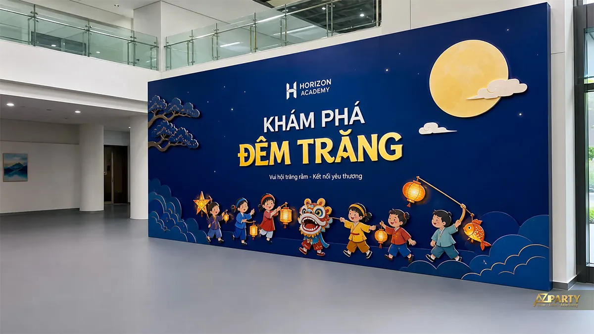 Backdrop Trung Thu thiếu nhi màu xanh navy với đầu lân và các bé vui hội