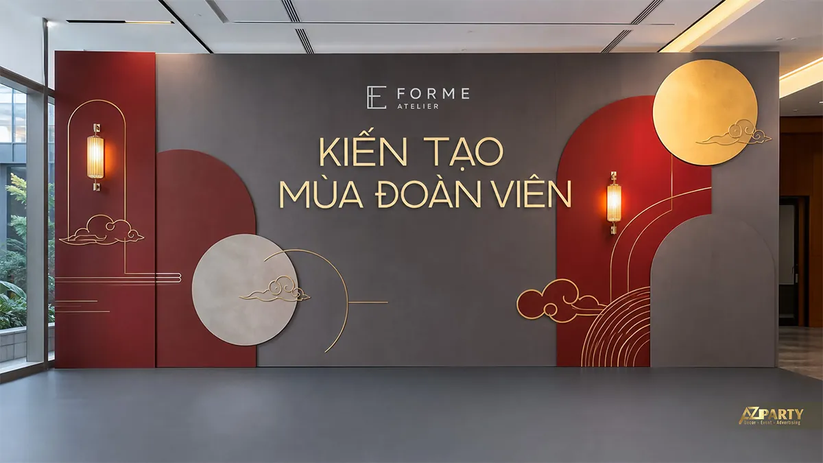 Backdrop Trung Thu hiện đại màu xám đỏ đô với các mảng tròn và vầng trăng