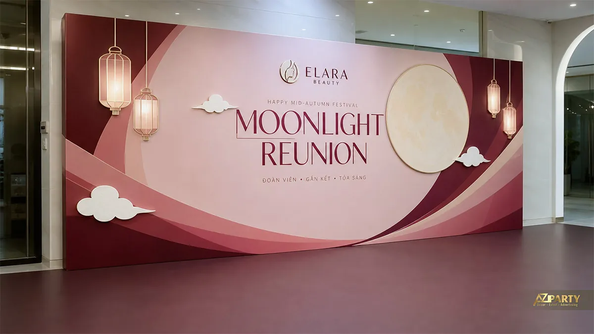 Backdrop Trung Thu màu hồng đỏ đô với vầng trăng và dải lụa mềm mại