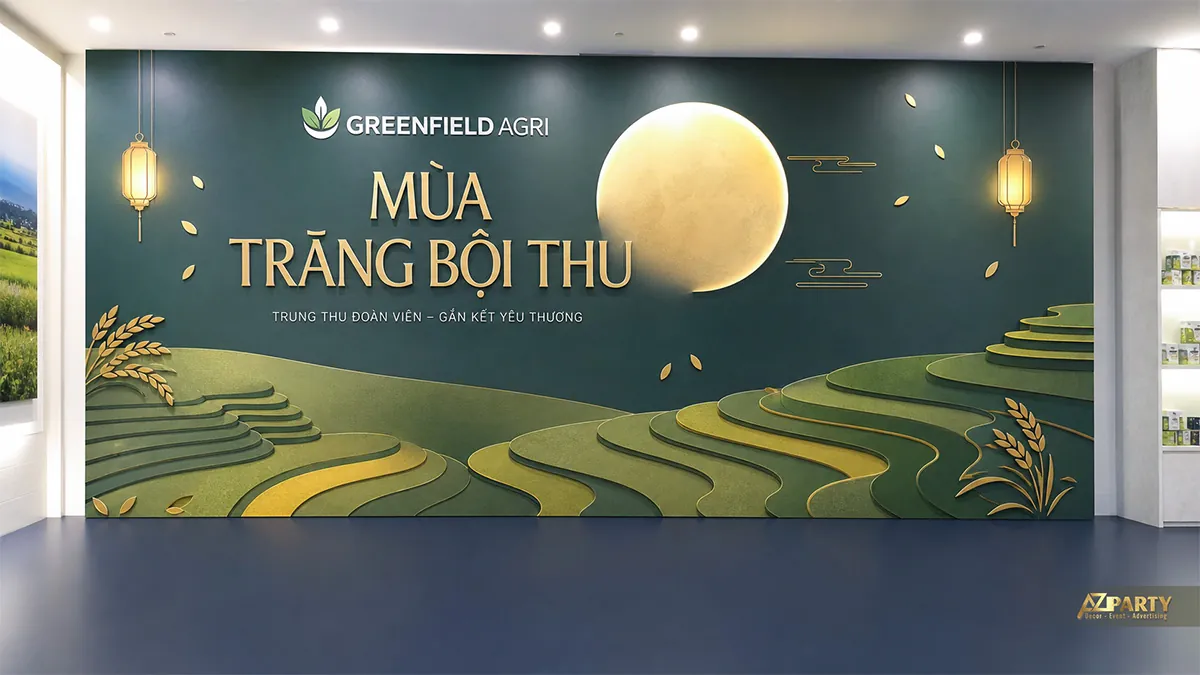 Backdrop Trung Thu nông nghiệp xanh với ruộng bậc thang và trăng vàng