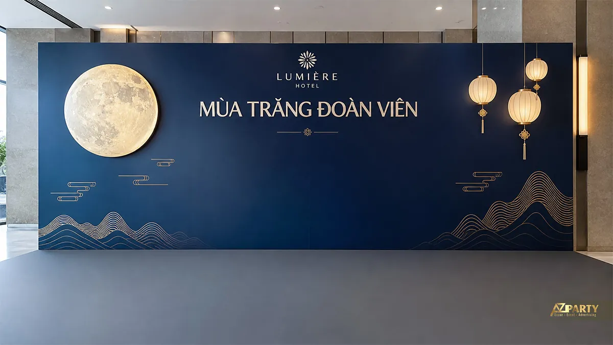 Backdrop Trung Thu tối giản màu xanh navy với núi, trăng và đường nét ánh kim