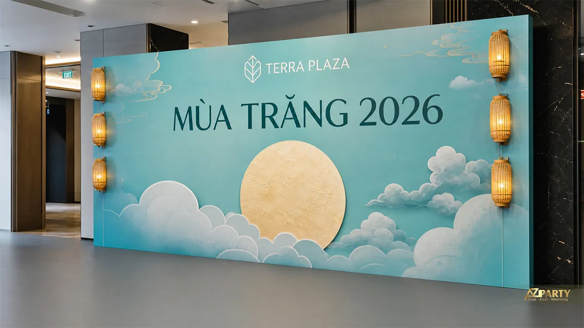 Backdrop Trung Thu pastel xanh ngọc với mây, trăng tròn và họa tiết mềm mại