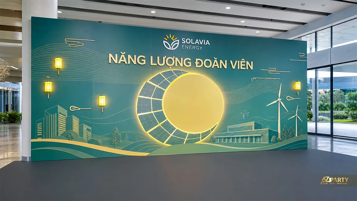 Backdrop Trung Thu năng lượng xanh với điện gió, pin mặt trời và vầng trăng
