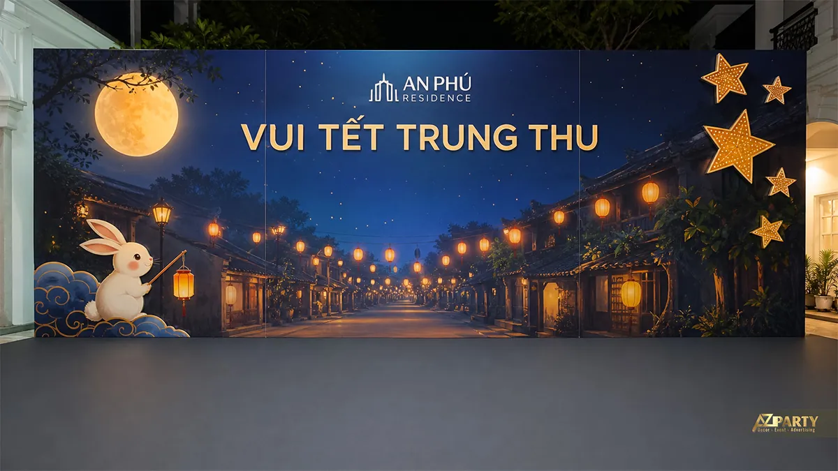 Backdrop Trung Thu ngoài trời ban đêm với thỏ ngọc, ngôi sao và phố đèn
