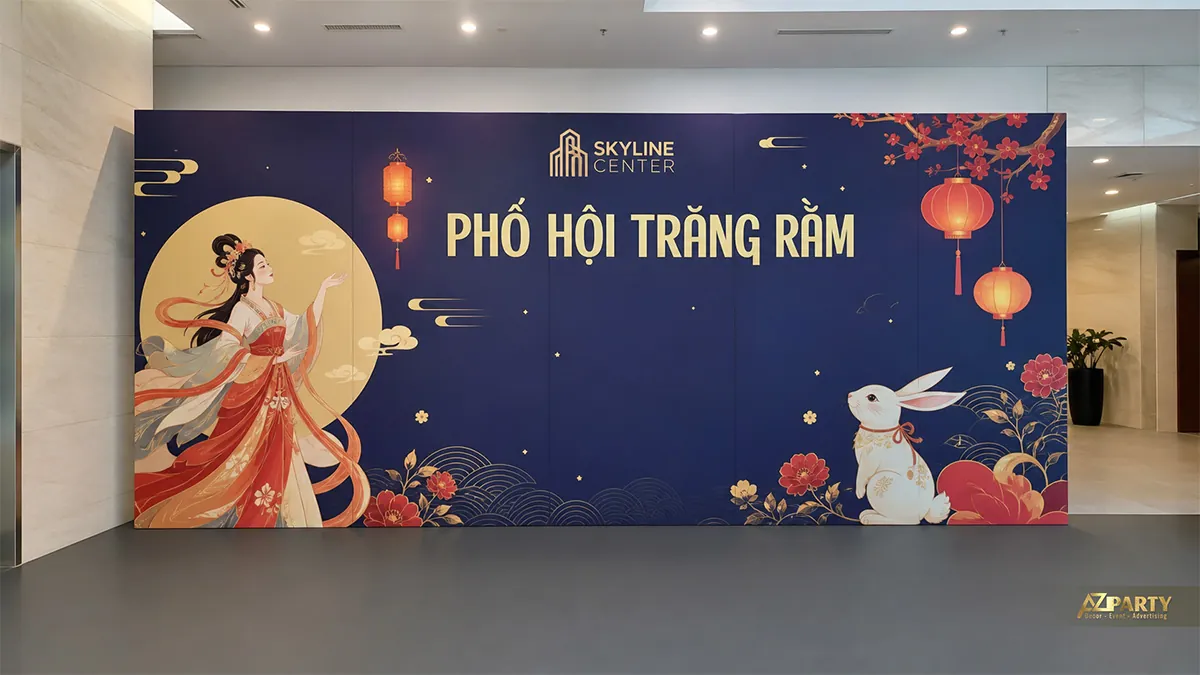Backdrop Trung Thu chị Hằng thỏ ngọc màu xanh đỏ với đèn lồng và phố hội