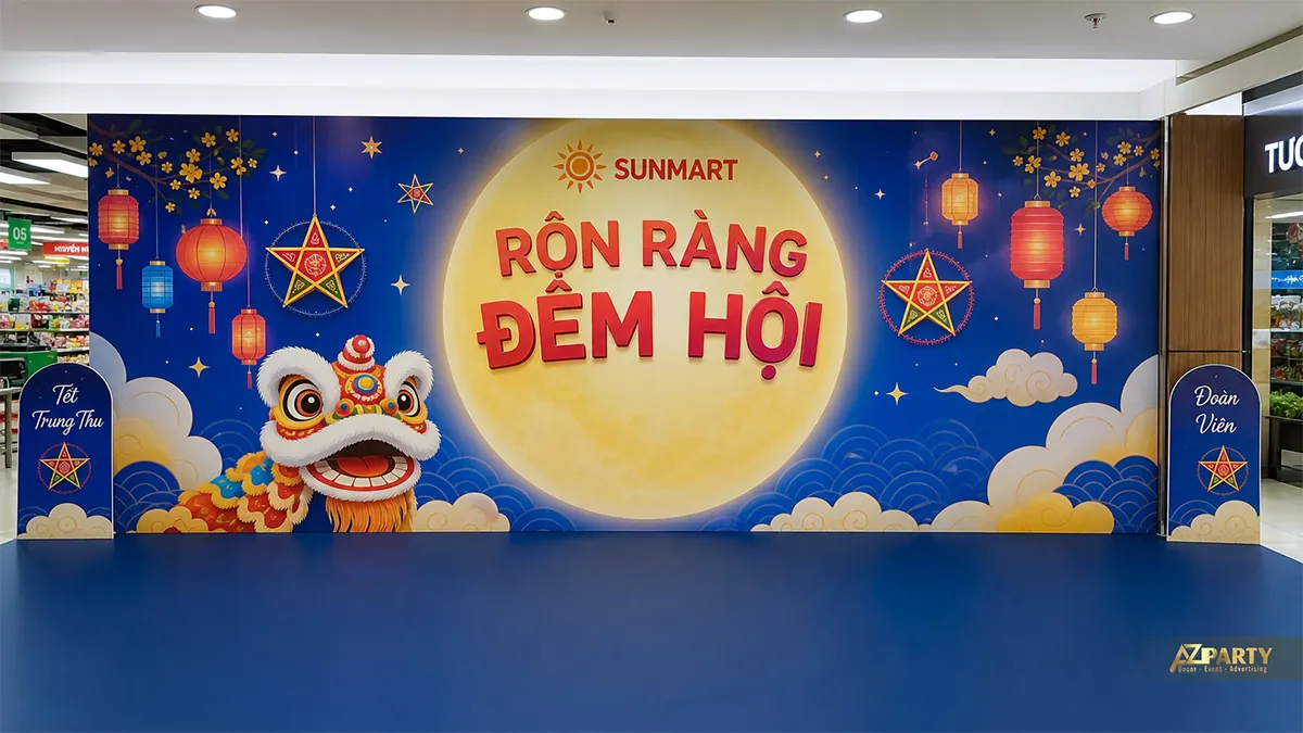 Backdrop đêm hội Trung Thu với đầu lân, đèn ông sao và dải màu xanh đỏ