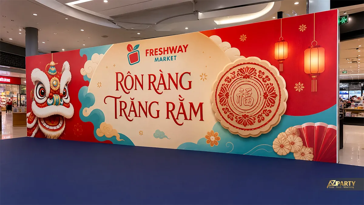 Backdrop Trung Thu truyền thống màu đỏ xanh với đầu lân, bánh nướng và đèn lồng