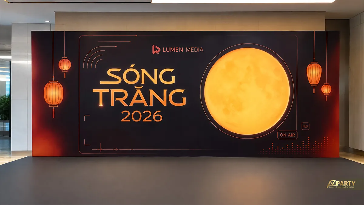 Backdrop Trung Thu hiện đại màu đen đỏ với vòng tròn ánh sáng và họa tiết sóng
