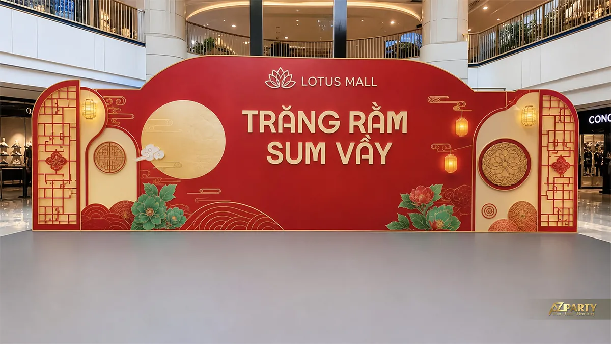 Backdrop Trung Thu màu đỏ cho trung tâm thương mại với cửa sổ, hoa sen và bánh nướng