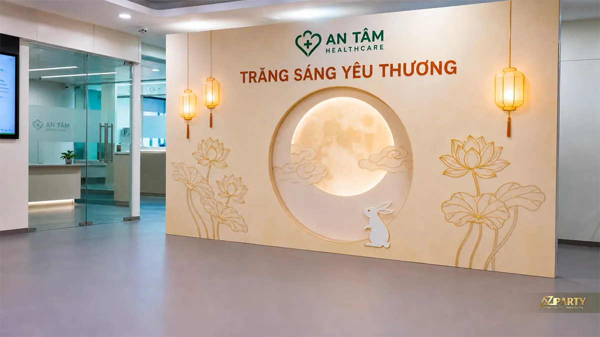 Backdrop Trung Thu ngành y tế màu kem vàng với thỏ ngọc, hoa sen và ánh trăng